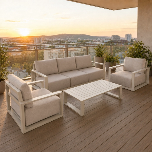Zestaw Wypoczynkowy Aluminiowy BELLANTI Empoli 5 osobowy sofa i 2 fotele + stolik | Beż